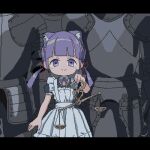  1girl animal_ears apron armor balance_scale blunt_bangs cat_ears commentary_request detached_collar eyebrows_hidden_by_hair hair_ribbon holding letterboxed lowres maid maid_apron original purple_eyes purple_hair purple_nails ribbon rokuro-chan rokuro_no_mawashimono smile solo twintails weighing_scale 
