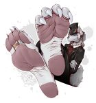  anthro barefoot canid canine canis claws clothed clothing digit_ring feet foot_fetish foot_focus fur hair hat headgear headwear hi_res jewelry kredri male mammal paws ring simple_background smile soles solo suit tail toe_claws toe_ring toes wolf 