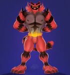  alpha-thunder anthro biceps black_body black_fur claws digital_media_(artwork) fangs felid fur generation_7_pokemon hands_behind_back hi_res incineroar looking_at_viewer male mammal markings multicolored_body multicolored_fur muscular nintendo paws pecs pokemon pokemon_(species) red_body red_fur simple_background snout solo tail teeth two_tone_body two_tone_fur yellow_sclera 