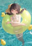  1girl absurdres barefoot bikini black_hair blue_archive blush braid dingding_(chongsangjun) flat_chest halo hat highres innertube long_hair looking_at_viewer miyu_(blue_archive) miyu_(swimsuit)_(blue_archive) partially_submerged red_eyes rubber_duck solo straw_hat swimsuit tears twin_braids 