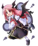  1girl :d bat_wings black_armband black_footwear black_skirt black_vest black_wings book book_hug circle collared_shirt commentary_request dot_nose dress_shirt dutch_angle full_body hair_between_eyes head_wings holding holding_book juliet_sleeves koakuma loafers long_sleeves looking_at_viewer low_wings necktie object_hug puffy_sleeves red_eyes red_hair red_necktie shirt shoes simple_background skirt skirt_set smile socks solo touhou vest white_background white_shirt white_socks wings yuuhi_alpha 