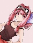  1girl :/ alternate_costume alternate_hairstyle black_tank_top blush breasts collarbone commentary_request dutch_angle goggles goggles_on_head hair_intakes hair_ribbon hands_on_own_hips highres kotonoha_akane long_hair looking_at_viewer low_tied_sidelocks medium_breasts natsu_tuna pink_eyes pink_hair purple_ribbon ribbon side_ponytail sidelocks solo tank_top upper_body v-shaped_eyebrows voiceroid 