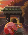  black_hair blush_stickers bridge brown_headwear evening hat high_ponytail highres jingasa katana kirby kirby_(series) miclot no_humans open_mouth outdoors pink_footwear samurai scenery sheath sheathed shoes stone_wall sword tree waddle_doo wall weapon 