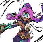  1girl belt breasts brown_belt dark-skinned_female dark_skin grin league_of_legends long_hair medium_breasts multicolored_hair nilah_(league_of_legends) outstretched_arms pants parted_bangs phantom_ix_row pink_hair pink_pants purple_hair purple_pants shiny_skin smile solo spiked_belt teeth two-tone_hair 