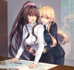  2girls alternate_costume arms_around_waist black_necktie blonde_hair blue_eyes breasts brown_hair cherry_blossoms commentary_request green_eyes himejoshi himeyamato hug hug_from_behind indoors iowa_(kancolle) kantai_collection large_breasts long_hair long_sleeves map military military_uniform mole mole_under_eye multiple_girls necktie ponytail red_eyes shirt sidelocks smile star-shaped_pupils star_(symbol) symbol-shaped_pupils uniform white_shirt yamato_(kancolle) yuri 