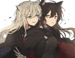  2girls animal_ear_fluff animal_ear_piercing animal_ears arknights black_cape black_coat black_dress black_gloves black_hair black_jacket breasts cape coat dress extra_ears gauntlets gloves grey_eyes grey_hair hair_between_eyes hand_on_another&#039;s_neck jacket lappland_(arknights) lappland_(refined_horrormare)_(arknights) long_hair long_sleeves looking_at_another medium_breasts multiple_girls official_alternate_costume orange_eyes parted_lips red_cape seri_(vyrlw) simple_background smile texas_(arknights) texas_the_omertosa_(wingbreaker)_(arknights) upper_body white_background wolf_ears wolf_girl yuri 