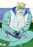  anthro blonde_hair blue_body blue_fur controller felid fur game_controller gaming green_eyes hair hi_res lifewonders live_a_hero male mammal muscular muscular_anthro muscular_male pantherine pecs playing_videogame rexer sitting solo striped_body striped_fur stripes ta_ka0011 tiger 