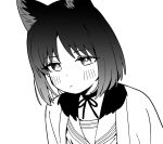 1girl animal_ear_fluff animal_ears blue_archive blush choker closed_mouth commentary_request greyscale kikyou_(blue_archive) looking_at_viewer monochrome open_clothes parted_bangs sailor_collar seramikku shirt simple_background solo upper_body white_background 