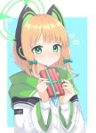 1girl animal_ear_headphones animal_ears blonde_hair blue_archive blush bow box cat_ear_headphones expressionless fake_animal_ears flying_sweatdrops gift gift_box green_eyes hair_bow halo headphones highres holding holding_gift holding_pen hood hoodie long_sleeves looking_at_viewer midori_(blue_archive) necktie pen prst_pictuer short_hair solo upper_body 