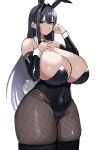  1girl animal_ears black_bow black_bowtie black_eyes black_hair black_leotard bow bowtie breasts curvy fake_animal_ears hair_between_eyes hair_intakes highres imuzi large_breasts leotard mole mole_on_breast mole_under_eye original pantyhose playboy_bunny rabbit_ears rabbit_tail sketch solo strapless strapless_leotard tail wrist_cuffs 