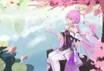  1girl absurdres arm_support bare_shoulders cherng cherry_blossoms commentary_request fu_xuan_(honkai:_star_rail) hair_rings highres honkai:_star_rail honkai_(series) long_hair pink_eyes pink_hair solo very_long_hair 