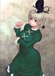  1girl arm_under_breasts blurry breasts closed_mouth depth_of_field dress feet_out_of_frame frills from_above gengoroumaru_(ambidextrous) green_dress green_eyes grey_hair hair_between_eyes hand_up hat highres large_breasts long_sleeves short_hair sleeves_past_wrists soga_no_tojiko solo standing tate_eboshi touhou 