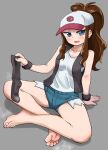  1girl arm_support barefoot baseball_cap black_vest black_wristband blue_eyes blue_shorts brown_hair denim denim_shorts exposed_pocket feet grey_background hat high_ponytail hilda_(pokemon) holding leaning_back legs looking_at_viewer on_ground open_mouth poke_ball_print pokemon pokemon_(game) pokemon_bw ponytail shadow shirt short_shorts shorts sidelocks simple_background sitting sleeveless sleeveless_shirt smell socks_removed solo steaming_body toenails toes torn_clothes torn_shorts vest white_headwear white_shirt wristband yuzu_gin_(pika97) 
