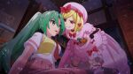 2girls artist_request beret black_gloves blonde_hair bookshelf bow bowtie crossover cupboard dress elbow_gloves evil_grin evil_smile gloves green_eyes green_hair grin hand_on_another&#039;s_shoulder hand_on_own_hip hat highres higurashi_no_naku_koro_ni higurashi_no_naku_koro_ni_mei in-franchise_crossover indoors lambdadelta leaning_forward long_hair long_skirt looking_at_another multiple_girls necktie official_art pink_dress pink_headwear ponytail red_bow red_bowtie red_eyes red_necktie red_skirt shirt short_hair short_sleeves sitting skirt smile sonozaki_mion umineko_no_naku_koro_ni white_shirt witch 