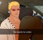  2boys ass ass_focus bara black_hair blonde_hair car_interior crocodile_(one_piece) dark-skinned_male dark_skin donquixote_doflamingo english_text feet_out_of_frame fur_coat hair_slicked_back he_wants_to_order_(meme) large_pectorals looking_at_viewer lying_on_person male_focus mature_male medium_hair meme mg_cls multiple_boys muscular muscular_male one_piece pectoral_cleavage pectorals photo_background red-tinted_eyewear scar scar_on_face scar_on_nose sideburns snapchat stitches sunglasses tinted_eyewear upper_body white-framed_eyewear yellow_eyes 