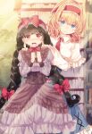  2girls alice_margatroid black_hair blonde_hair blue_dress blue_eyes blush bookshelf bow bowtie braid breasts brown_corset brown_dress capelet corset cowboy_shot dress frilled_capelet frilled_dress frilled_hairband frills grey_dress hair_bow hairband hands_on_another&#039;s_shoulders hands_up highres kemo_chiharu long_hair looking_at_viewer medium_breasts multiple_girls open_mouth red_bow red_bowtie red_eyes red_hairband short_hair signature smile touhou twin_braids two-tone_dress white_capelet yatadera_narumi 