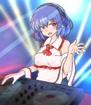  1girl bare_shoulders blue_hair bright_pupils collared_shirt commentary_request commission dj headphones highres looking_at_viewer mixing_console mizusoba nagae_iku open_mouth red_eyes shirt short_hair skeb_commission solo touhou turntable upper_body white_pupils white_shirt 