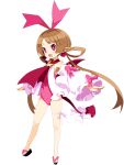  1girl bow bright_pupils brown_hair demon_girl demon_tail demon_wings detached_sleeves disgaea disgaea_rpg earrings fang full_body hairband hanako_(disgaea) heart heart_earrings jewelry leg_ribbon leotard long_hair non-web_source official_art open_mouth photoshop_(medium) pink_leotard pointy_ears red_eyes red_tail red_wings ribbon sandals solo tail tail_bow tail_ornament thigh_ribbon transparent_background twintails very_long_hair wings 