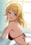  1girl ahoge amochin bathroom bikini black_bikini blonde_hair breasts commentary_request hachimiya_meguru halterneck highres idolmaster idolmaster_shiny_colors looking_at_viewer looking_to_the_side medium_breasts ponytail sideboob solo string_bikini sunlight swimsuit tile_wall tiles water_drop window 