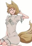 1girl :d animal_ears arm_up blush breasts fox_ears fox_tail hair_between_eyes half-closed_eyes highres kudamaki_tsukasa looking_at_viewer medium_breasts mesuosushi open_mouth short_sleeves simple_background sitting smile solo tail touhou white_background white_romper yellow_eyes 