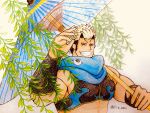  1boy absurdres bara bare_shoulders black_hair blonde_hair blue_scarf colored_pencil_(medium) grin hand_up highres holding holding_umbrella jiraiya_(housamo) large_pectorals long_sideburns looking_at_viewer male_focus midriff multicolored_hair muscular muscular_male oni pectorals pisukesu_(pis_ces) plant pointy_ears scarf short_hair sideburns sidepec smile solo tokyo_afterschool_summoners traditional_media two-tone_hair umbrella undercut upper_body waving 