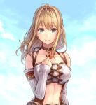 1girl blonde_hair closed_mouth collarbone detached_sleeves facing_viewer fiora_(xenoblade) green_eyes jewelry long_hair looking_at_viewer midriff one_eye_closed sky smile solo thighhighs uni_(cowardly_bug) xenoblade_chronicles_(series) xenoblade_chronicles_1 