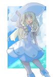  1girl :d arm_up bare_arms blonde_hair blush border braid cloud collared_dress commentary_request day dress eyelashes green_eyes hand_on_headwear hat kneehighs lillie_(pokemon) long_hair looking_at_viewer marutoko45 open_mouth outdoors pokemon pokemon_(game) pokemon_sm sky sleeveless sleeveless_dress smile socks solo sun_hat sundress teeth twin_braids upper_teeth_only white_border white_dress white_headwear 
