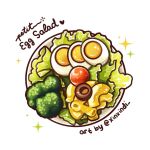  artist_name broccoli cherry_tomato english_text food food_focus hardboiled_egg highres lettuce no_humans original plate salad sparkle still_life tomato white_background xindi 