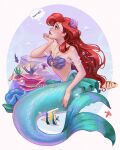  1girl air_bubble ariel_(disney) bare_shoulders breasts bubble butterflyfish clownfish coral fish flower fork full_body hair_flower hair_ornament highres long_hair looking_to_the_side luztapiaart medium_breasts mermaid monster_girl profile purple_flower red_hair red_lips shell shell_bikini the_little_mermaid tropical_fish underwater 