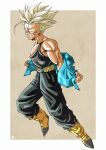  1boy belt black_jumpsuit blonde_hair blue_jacket boots dragon_ball green_eyes highres jacket jumpsuit kakeru_(dbskakeru) looking_at_viewer male_focus removing_jacket simple_background sleeveless solo spiked_hair super_saiyan toriyama_akira_(style) trunks_(dragon_ball) trunks_(future)_(dragon_ball) yellow_footwear 