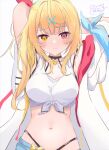  1girl absurdres ahoge blonde_hair blush commentary_request crop_top front-tie_top hair_ornament heterochromia highres hoshikawa_sara hoshikawa_sara_(1st_costume) hosimiyavia jacket long_hair nijisanji red_eyes solo virtual_youtuber white_jacket x_hair_ornament yellow_eyes 