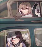  2girls ahoge black_hair brown_eyes brown_hair car dakimakura_(object) driving earrings grey_hair highres hololive hololive_english jewelry kaneki_ken long_hair m_r_b meme motor_vehicle multicolored_hair multiple_girls nanashi_mumei pillow shiori_novella split-color_hair the_last_ride_(furious_7) tokyo_ghoul virtual_youtuber yellow_eyes 