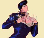  1boy blue_hair blush commentary diamond_wa_kudakenai earrings fingernails full-face_blush gakuran heart higashikata_josuke highres jewelry jojo_no_kimyou_na_bouken lemona633 lips long_sleeves looking_at_viewer male_focus muscular muscular_male peace_symbol pompadour school_uniform smile solo symbol-only_commentary 