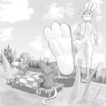  1:1 3_toes absurd_res anthro bench bodily_fluids bottomwear clothed clothing cloud disney feet female fence glistening glistening_eyes grass hi_res judy_hopps lagomorph leporid long_ears mammal monochrome mouse murid murine outside pants plant rabbit rodent rz54 signature sitting size_difference sky solo sweat toes topwear zootopia 