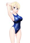  1girl absurdres arms_behind_head blonde_hair blue_eyes blue_one-piece_swimsuit braid breasts commentary_request competition_swimsuit covered_navel cowboy_shot darjeeling_(girls_und_panzer) girls_und_panzer highres medium_breasts one-piece_swimsuit short_hair simple_background solo swimsuit takafumi twin_braids white_background 