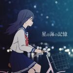  1girl absurdres album_cover bicycle blue_sailor_collar blue_skirt blurry blurry_background bokeh closed_mouth cover cowboy_shot depth_of_field flat_color from_side hair_between_eyes highres horizon hoshimi_private_high_school_uniform idoly_pride long_hair long_sleeves looking_ahead nagase_mana neckerchief night night_sky official_art pleated_skirt profile purple_hair red_neckerchief riding riding_bicycle sailor_collar school_uniform serafuku shirt sidelocks skirt sky sleeve_cuffs smile solo star_(sky) starry_sky straight_hair white_shirt 