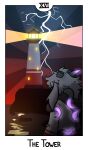  2023 anthro bovid broken_horn caprine card clothing detailed_background electricity english_text floppy_ears glowing glowing_horn glowing_tentacles goat hair hi_res horn light light_beam lighthouse long_ears looking_away major_arcana male mammal mewgle reed_(mewgle) roman_numeral shirt solo tarot_card tentacles text the_tower_(tarot) topwear tower water white_hair 