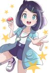  1girl :d absurdres black_hair coat collarbone commentary_request eyelashes green_coat green_eyes hair_ornament hairclip highres holding holding_poke_ball jewelry leg_up liko_(pokemon) medium_hair necklace open_clothes open_coat open_mouth poke_ball poke_ball_(basic) pokemon pokemon_(anime) pokemon_sv_(anime) rono_(lethys) shirt shoes shorts smile socks solo star_(symbol) teeth tongue upper_teeth_only white_background white_footwear white_shirt white_socks 