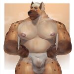  anthro balls_outline barazoku blonde_hair blush brown_body brown_fur bulge clothing clothing_pull detailed_bulge elijah_(charlessush) front_view fur genital_outline hair hi_res huge_pecs huzzhuz hyena male mammal musclegut muscular muscular_anthro muscular_male musk musk_clouds musky_cock nipples penis_outline portrait solo spotted_hyena sweaty_pecs three-quarter_portrait translucent translucent_clothing 