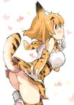  1girl animal_ear_fluff animal_ears ass blush breasts elbow_gloves from_side gloves high-waist_skirt index_finger_raised kemono_friends kibii_mocha large_breasts looking_at_viewer orange_hair panties print_skirt profile serval_(kemono_friends) serval_print shirt short_hair simple_background skirt sleeveless sleeveless_shirt solo tail thighhighs underwear white_panties white_shirt 