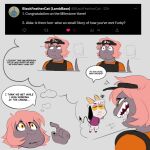  2023 aida_(twistedfurby) anthro bovid caprine cute_fangs dialogue dragon english_text fish furby_(twistedfurby) goat hair hi_res humanoid laugh mammal marine pink_hair reptile scalie shark sharp_teeth teeth text twistedfurby visor work_uniform yellow_eyes 