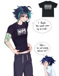  2boys annidrw arm_tattoo black_hair black_pants black_shirt blue_hair braid closed_eyes clothes_pull english_text genshin_impact green_hair highres male_focus midriff multicolored_hair multiple_boys nine_inch_nails open_mouth pants shirt shirt_pull stomach t-shirt tattoo venti_(genshin_impact) white_shirt xiao_(genshin_impact) yellow_eyes 