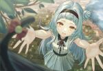  1girl alternate_hair_color aqua_hair arched_bangs arms_up black_hairband blurry blurry_foreground boku_no_edamame brick_floor dress from_above gradient_eyes hair_bun hairband hololive leaf long_hair looking_at_viewer multicolored_eyes murasaki_shion open_mouth orange_eyes outstretched_arms outstretched_hand reaching reaching_towards_viewer short_eyebrows sidelocks single_hair_bun single_side_bun skirt sleeveless sleeveless_dress solo standing updo virtual_youtuber white_dress white_skirt yellow_eyes 