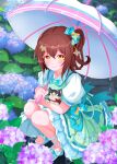  1girl absurdres animal blue_bow blush bow brown_hair cat doukyonin_wa_hiza_tokidoki_atama_no_ue. flower full_body hair_ornament hairclip haru_(doukyonin_wa_hiza_tokidoki_atama_no_ue.) highres holding holding_animal holding_cat holding_umbrella hydrangea kasuga_mirai medium_hair outdoors raby_vivid rain short_sleeves smile squatting umbrella yellow_eyes 