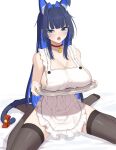  1girl absurdres animal_ears apron bangom_r bell black_hair blue_eyes blue_hair breast_rest breasts cat_ears cat_girl cat_tail choker colored_inner_hair facial_mark hair_intakes highres holding holding_tray hololive hololive_english large_breasts long_hair multicolored_hair naked_apron neck_bell open_mouth ouro_kronii red_choker simple_background sitting solo tail thighhighs tray two-tone_hair very_long_hair virtual_youtuber wariza whisker_markings white_background 