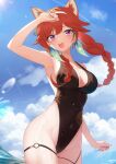  1girl :d absurdres animal_ear_fluff animal_ears arm_up armpits black_one-piece_swimsuit blue_sky braid breasts cat_ears cloud day earrings feather_earrings feathers floating_hair hairband highleg highleg_swimsuit highres hololive hololive_english jewelry jiang_ye_kiri large_breasts one-piece_swimsuit open_mouth orange_hair outdoors purple_eyes sky smile solo sunlight swimsuit takanashi_kiara thigh_strap twin_braids virtual_youtuber wading water wet white_hairband 