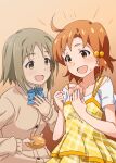  2girls ahoge bare_shoulders blue_bow blue_bowtie blush bow bowtie breasts brown_background brown_cardigan brown_eyes brown_hair cardigan clenched_hand collarbone dot_nose dress eating food food_on_face hair_bobbles hair_ornament hand_on_own_chest hands_up happy highres holding holding_food idolmaster idolmaster_million_live! idolmaster_million_live!_theater_days large_breasts layered_dress long_sleeves looking_at_another macaron mimura_kanako multiple_girls off-shoulder_shirt off_shoulder open_mouth orange_trim plaid plaid_dress plump pokowachikusu school_uniform shirt short_hair small_breasts smile white_shirt yabuki_kana yellow_dress yellow_eyes 