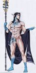  1boy abs black_hair cloak commentary completely_nude eldar english_commentary flaccid full_body gem highres holding holding_staff large_penis lewdanon long_hair male_focus muscular muscular_male naked_cloak nude pectorals penis pointy_ears smile solo staff staff_of_ulthamar warhammer_40k 