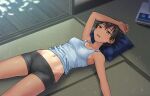  1girl abs arm_on_head bare_shoulders black_hair black_panties black_shorts boyshort_panties breasts brown_eyes collarbone commentary electric_fan feet_out_of_frame groin half-closed_eyes hashi hot lying medium_breasts midriff navel on_back on_ground one-piece_tan original outstretched_arm paid_reward_available panties parted_lips pillow shadow short_hair short_shorts shorts solo sweat tan tank_top tanlines tatami tomboy toned underwear veranda very_short_hair very_sweaty white_tank_top wooden_floor wrinkled_fabric 