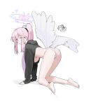  1girl absurdres all_fours angel_wings ass black_hoodie blue_archive blush breasts feathered_wings hair_between_eyes halo highres hood hood_down hoodie kneepits large_breasts long_hair long_sleeves mark_jin mika_(blue_archive) open_mouth panties pink_hair pink_halo ponytail simple_background solo underboob underwear white_background white_panties white_wings wings yellow_eyes 